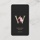 Modern Elegant Monogram W Bloemen Zwart Goud Visitekaartje (Voorkant)