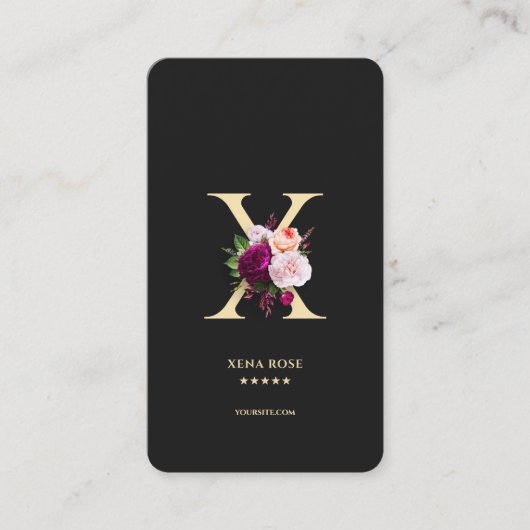 Modern Elegant Monogram X Bloemen Zwart Goud Visitekaartje (Voorkant)