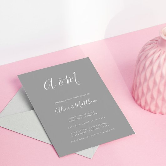 Modern Elegant Monogram Zilveren Witte Bruiloft Kaart