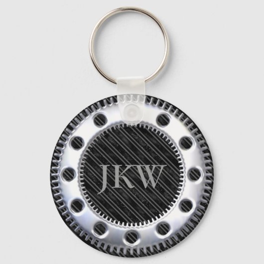 Modern Elegant Monogram Zwart en Grijs Gestreept Sleutelhanger (Voorkant)