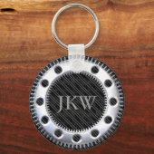 Modern Elegant Monogram Zwart en Grijs Gestreept Sleutelhanger (Voorkant)