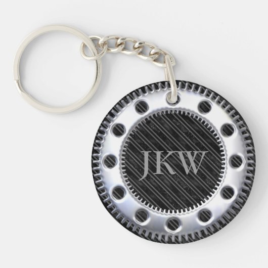 Modern Elegant Monogram Zwart en Grijs Gestreept Sleutelhanger (Voorkant)