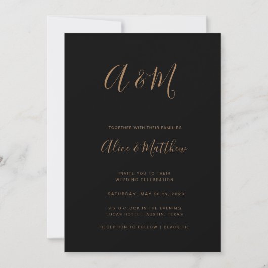 Modern Elegant Monogram Zwart Goud Bruiloft Kaart (Voorkant)