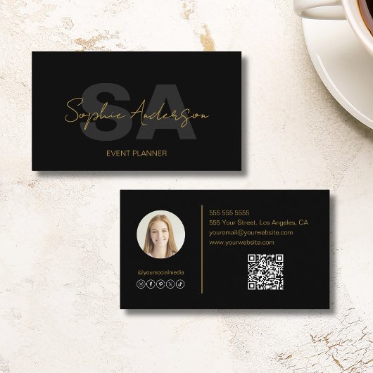 Modern Elegant Monogram Zwart Goud Professioneel Visitekaartje