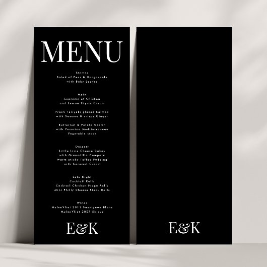 Modern Elegant Monogram Zwart Wit Bruiloft Menu