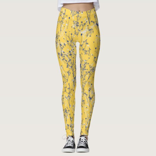 Modern Elegant Mustard Yellow Wildbloemen Leggings (Voorkant)