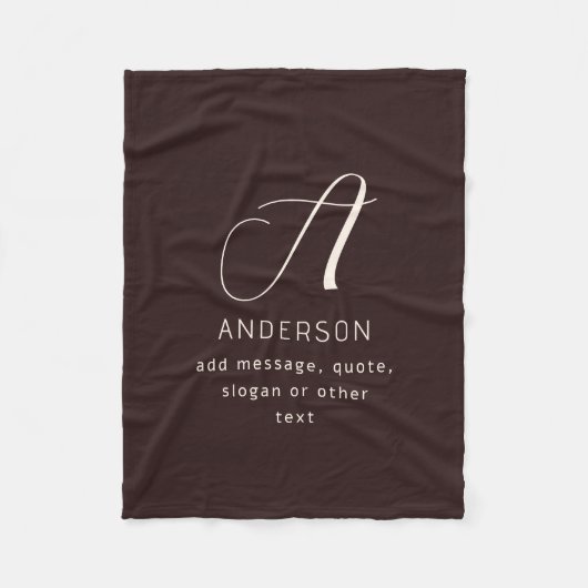 Modern Elegant Name & Monogram | Dark Brown Fleece Deken (Voorkant)