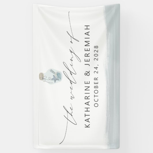 Modern Elegant Nautical Seashell Script Bruiloft Spandoek (Verticaal)