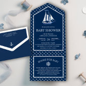 Modern Elegant Nautical Ship Navy Blue Baby shower All In One Uitnodiging
