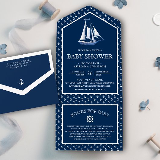 Modern Elegant Nautical Ship Navy Blue Baby shower All In One Uitnodiging