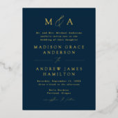 Modern Elegant Navy and Gold Monogram Wedding Folie Uitnodiging (Voorkant)