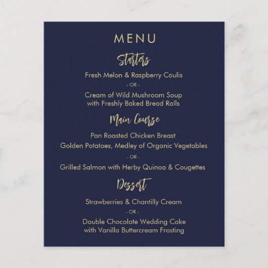 Modern Elegant Navy Blauw Goud Bruiloft Menu Kaart (Voorkant)