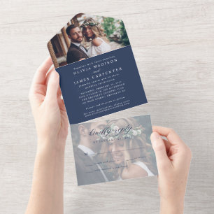 Modern Elegant Navy Blue 2 Foto RSVP Wedding All In One Uitnodiging