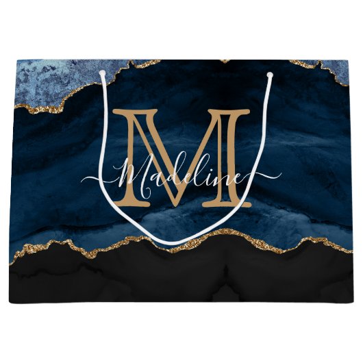 Modern Elegant Navy Blue Agate Geode Monogram Groot Cadeauzakje (Voorkant)
