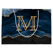Modern Elegant Navy Blue Agate Geode Monogram Groot Cadeauzakje (Achterkant)