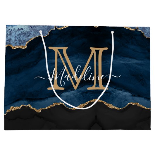 Modern Elegant Navy Blue Agate Geode Monogram Groot Cadeauzakje (Achterkant)