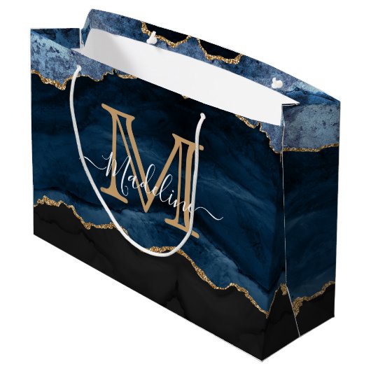 Modern Elegant Navy Blue Agate Geode Monogram Groot Cadeauzakje (Achterkant Gekanteld)