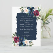 Modern Elegant Navy Blue Burgundy Floral Wedding Kaart (Staand voorkant)