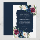Modern Elegant Navy Blue Burgundy Floral Wedding Kaart (Voorkant / Achterkant)