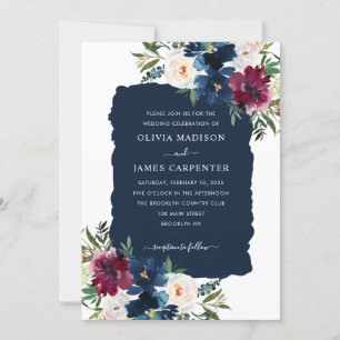 Modern Elegant Navy Blue Burgundy Floral Wedding Kaart