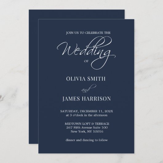Modern Elegant Navy Blue Eenvoudige bruiloft uitno Kaart (Voorkant / Achterkant)