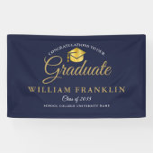 Modern Elegant Navy Blue en Gold Afstuderen Banne Spandoek (Horizontaal)