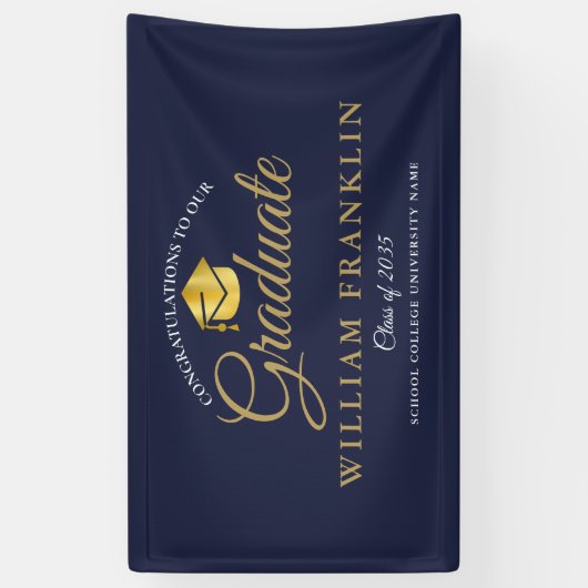 Modern Elegant Navy Blue en Gold Afstuderen Banne Spandoek (Verticaal)