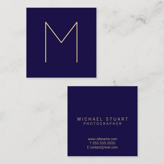 Modern Elegant Navy Blue en Gold Monogram Vierkante Visitekaartje (Voorkant / Achterkant)