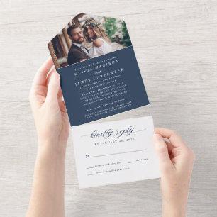 Modern Elegant Navy Blue Foto RSVP Wedding All In One Uitnodiging