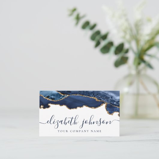 Modern Elegant Navy Blue Glitter Agate Marble Visitekaartje (Staand voorkant)