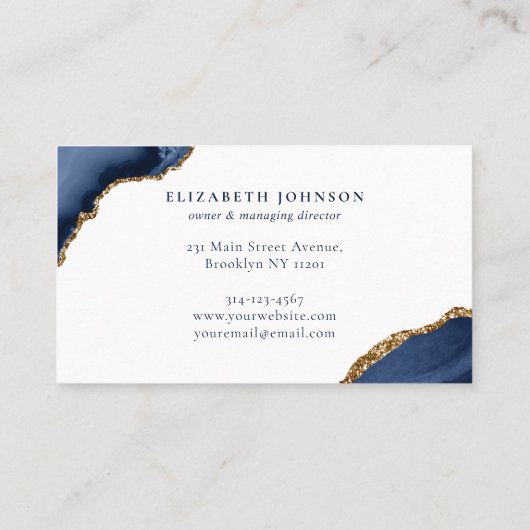 Modern Elegant Navy Blue Glitter Agate Marble Visitekaartje (Achterkant)