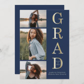 Modern Elegant Navy Blue Gold 3 Foto Afstuderen Aankondiging (Voorkant / Achterkant)