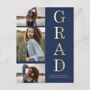 Modern Elegant Navy Blue Gold 3 Foto Afstuderen Briefkaart