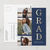 Modern Elegant Navy Blue Gold 3 Foto Afstuderen Briefkaart (Voorkant / Achterkant)