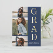 Modern Elegant Navy Blue Gold 3 Foto Afstuderen Kaart (Staand voorkant)