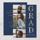 Modern Elegant Navy Blue Gold 3 Foto Afstuderen Kaart (Voorkant / Achterkant)