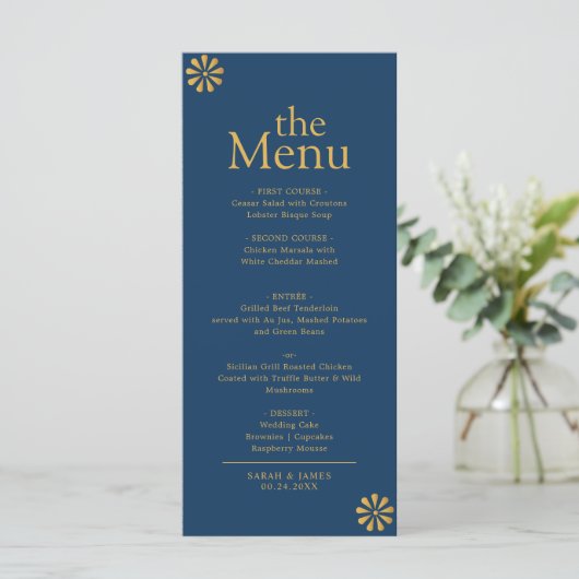 Modern Elegant Navy Blue Gold Lijst Dinermenu Menu (Staand voorkant)