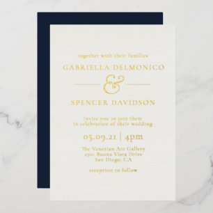Modern Elegant Navy Blue Gold Wedding Folie Uitnodiging
