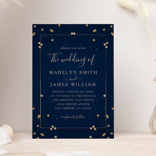 Modern Elegant Navy Blue Gold Wedding Kaart