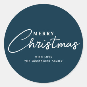 Modern Elegant Navy Blue Merry Christmas Naam Ronde Sticker