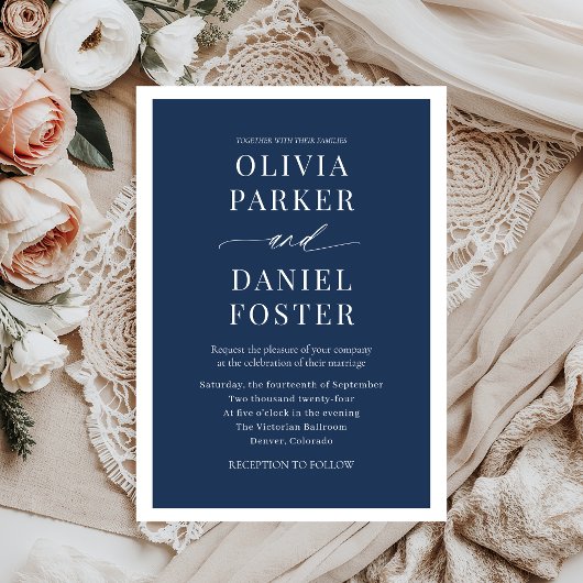 Modern Elegant Navy Blue Minimalist Wedding Kaart