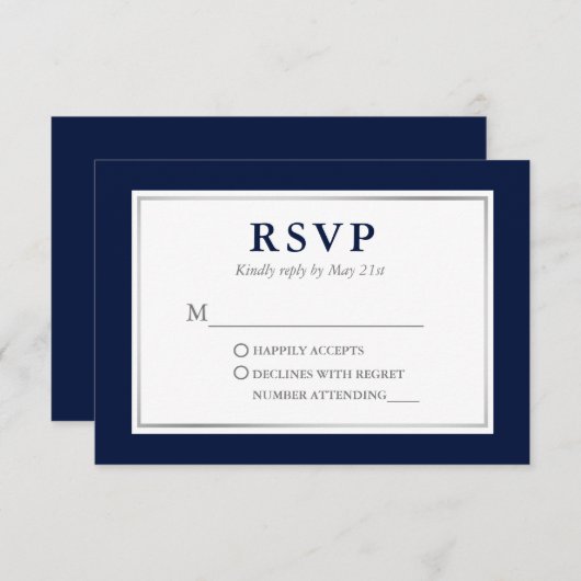 Modern Elegant Navy Blue Silver RSVP Kaartje (Voorkant / Achterkant)