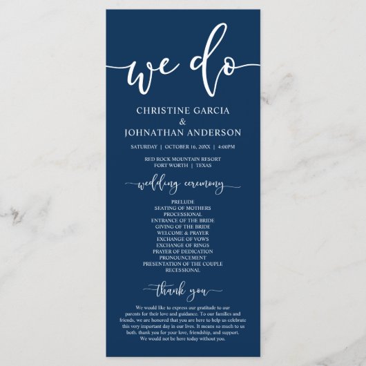 Modern elegant Navy Blue, Wedding Ceremony Progra Programmakaart (Voorkant)