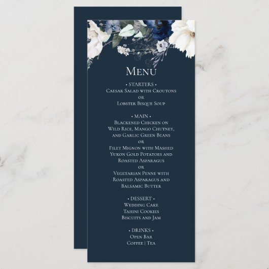 Modern Elegant Navy Blue Wedding Menu (Voorkant / Achterkant)