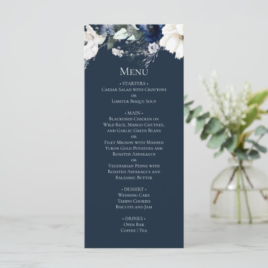 Modern Elegant Navy Blue Wedding Menu (Staand voorkant)
