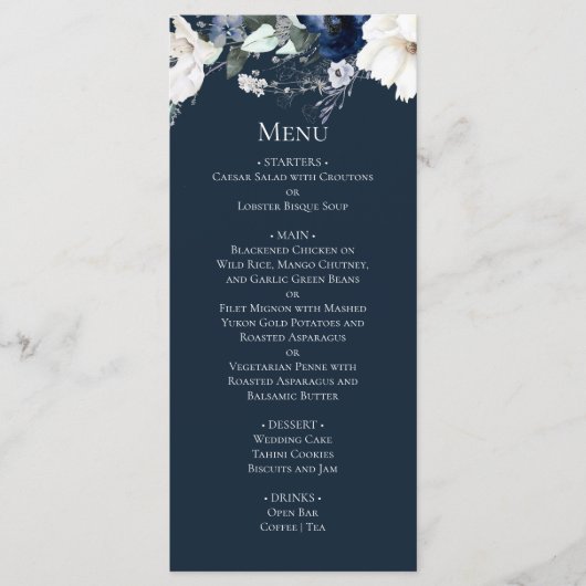 Modern Elegant Navy Blue Wedding Menu (Voorkant)