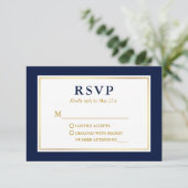 Modern Elegant Navy Blue White Gold RSVP Kaartje (Staand voorkant)