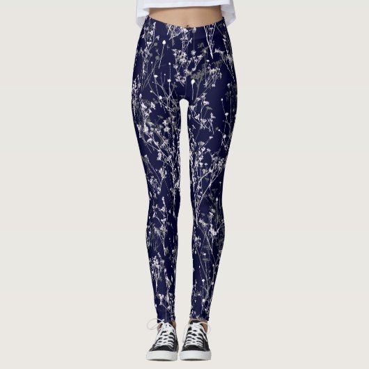 Modern Elegant Navy Blue Wildflower Leggings (Voorkant)