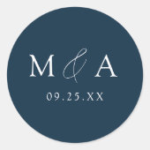 Modern Elegant Navy Monogram Weddenschap Ronde Sticker (Voorkant)