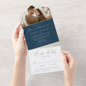 Modern Elegant Navy Photo Wedding All In One Uitnodiging (Afscheurbaar)